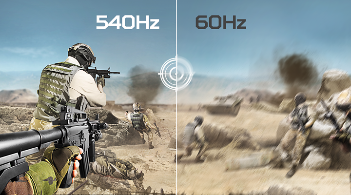 Vergelijking van een shooterscène bij 540 Hz en 60 Hz